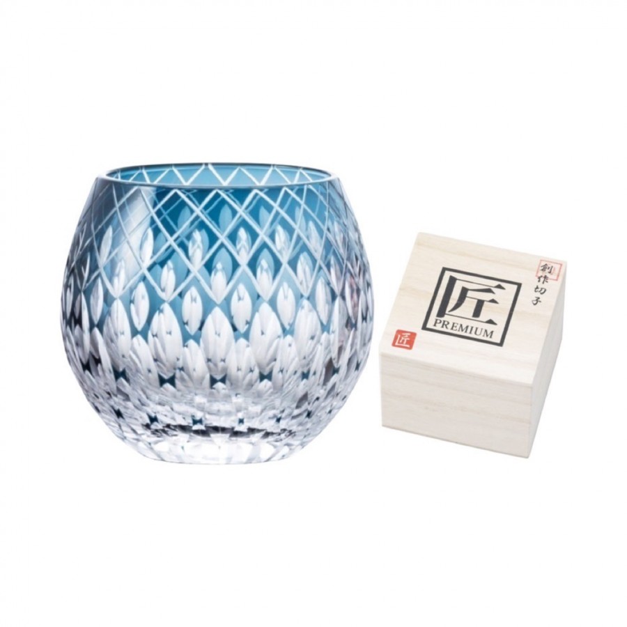 創作切子 匠 Premium玉響 ロック360ml(木箱入) ブルー