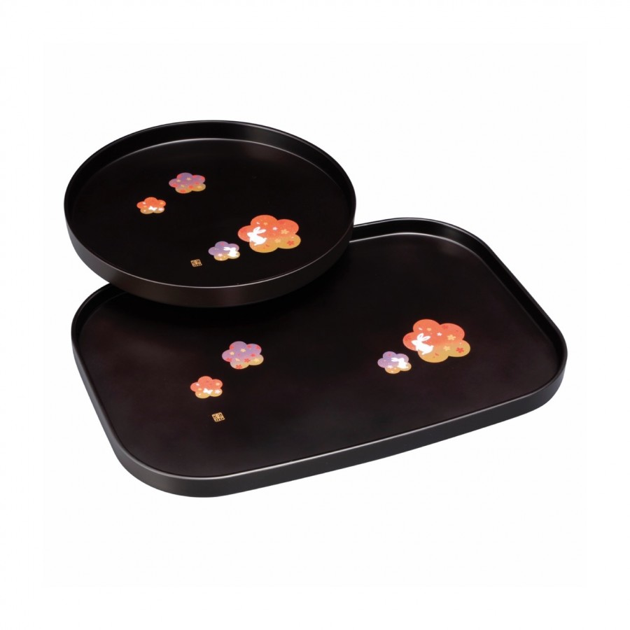 紀州塗 花舞うさぎ 丸盆・長手盆セット