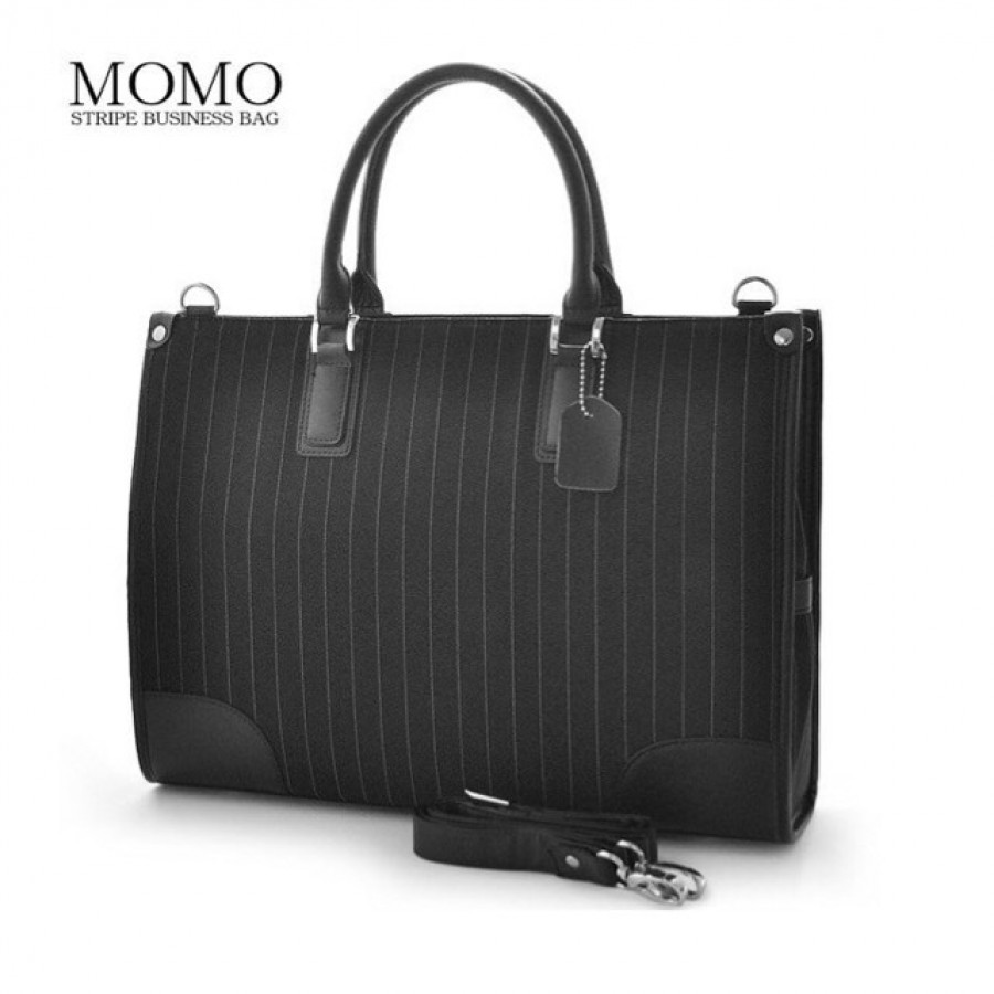 【MOMO】牛革×ジャケット地ストライプビジネスバッグ