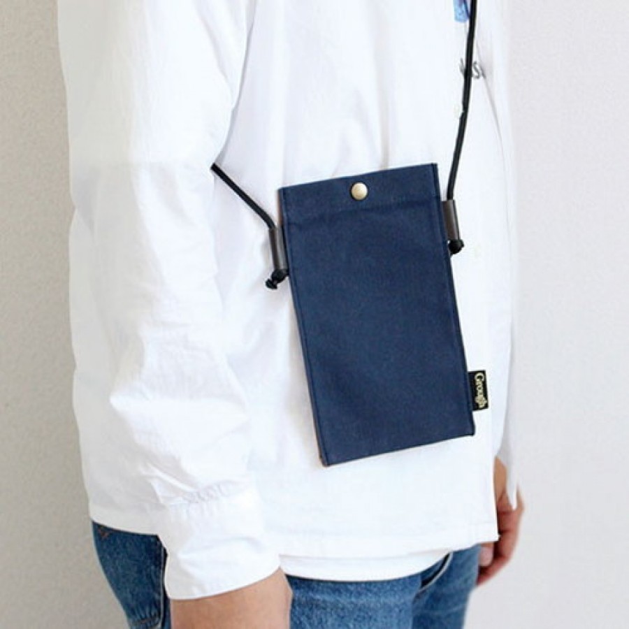 そだてる帆布Grough (パラフィン加工帆布×レザー) スマホミニショルダー ネイビー×ブラウン