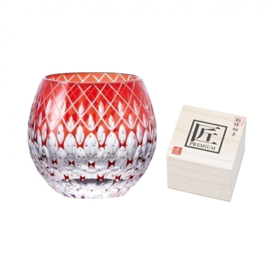 創作切子 匠 Premium玉響 ロック360ml（木箱入）　レッド
