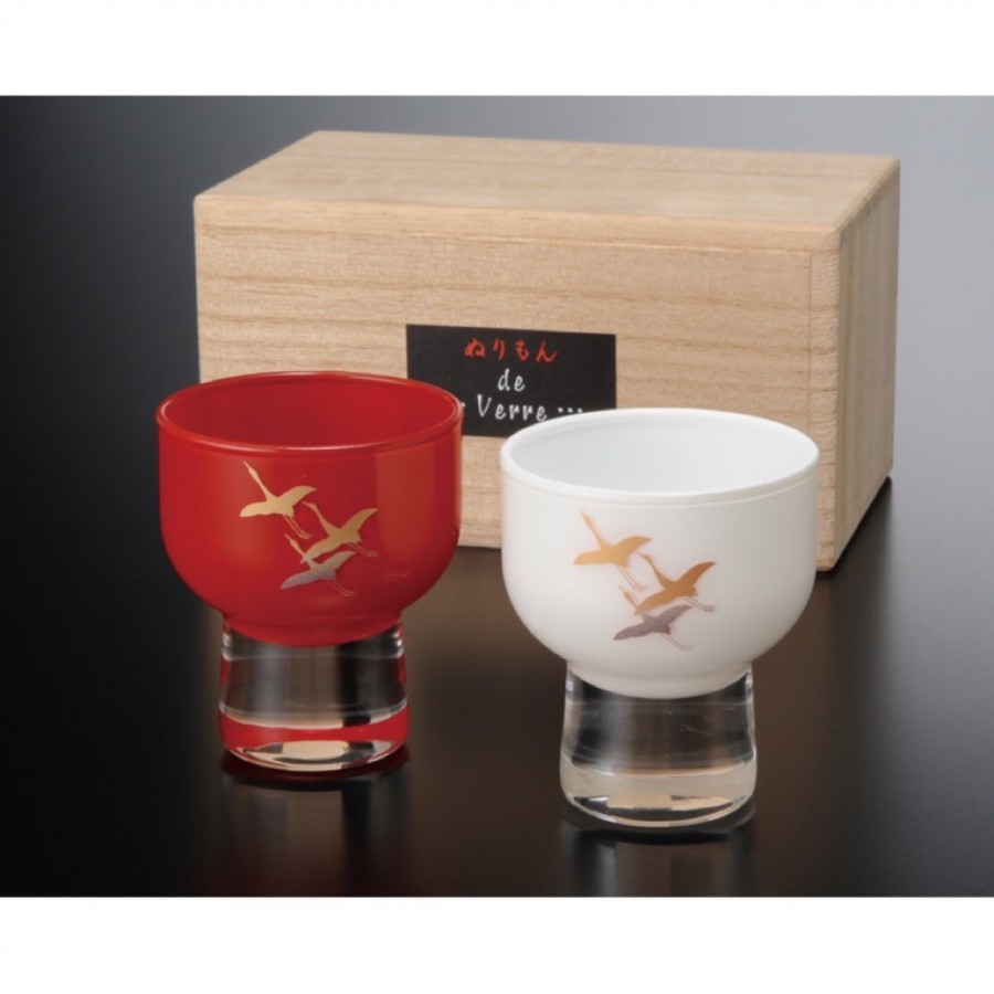 紀州塗　ぬりもんdeVerre　盃 紅白ペア 千羽鶴 木箱入