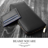 BEAMZSQUARE カーボンレザーラウンドファスナー長財布 カードケース付　ブラック／ネイビー